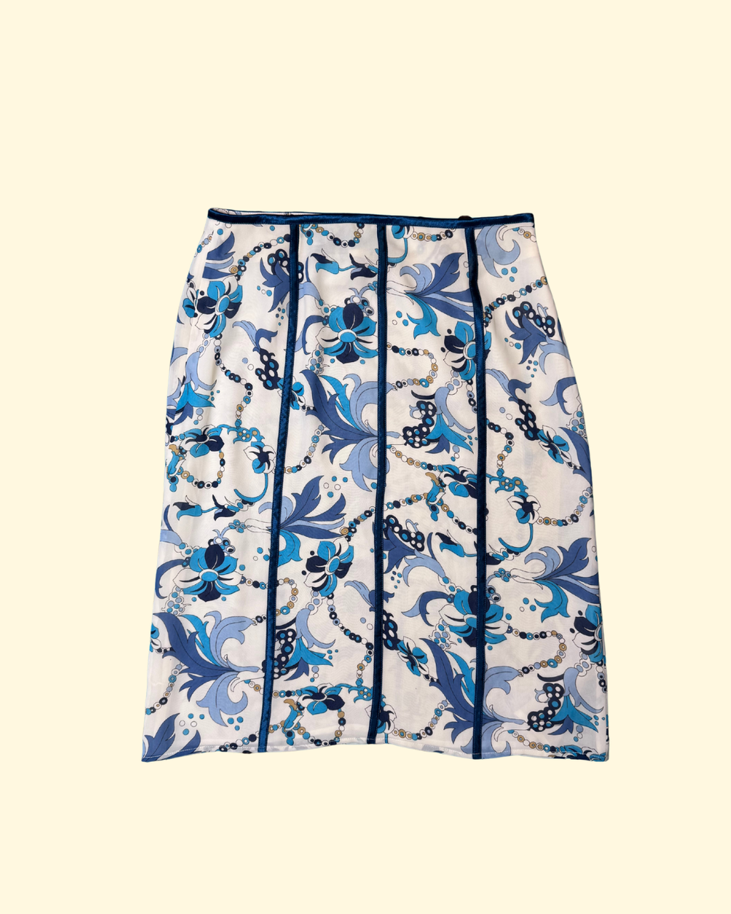 white & blue patterned midi skirt