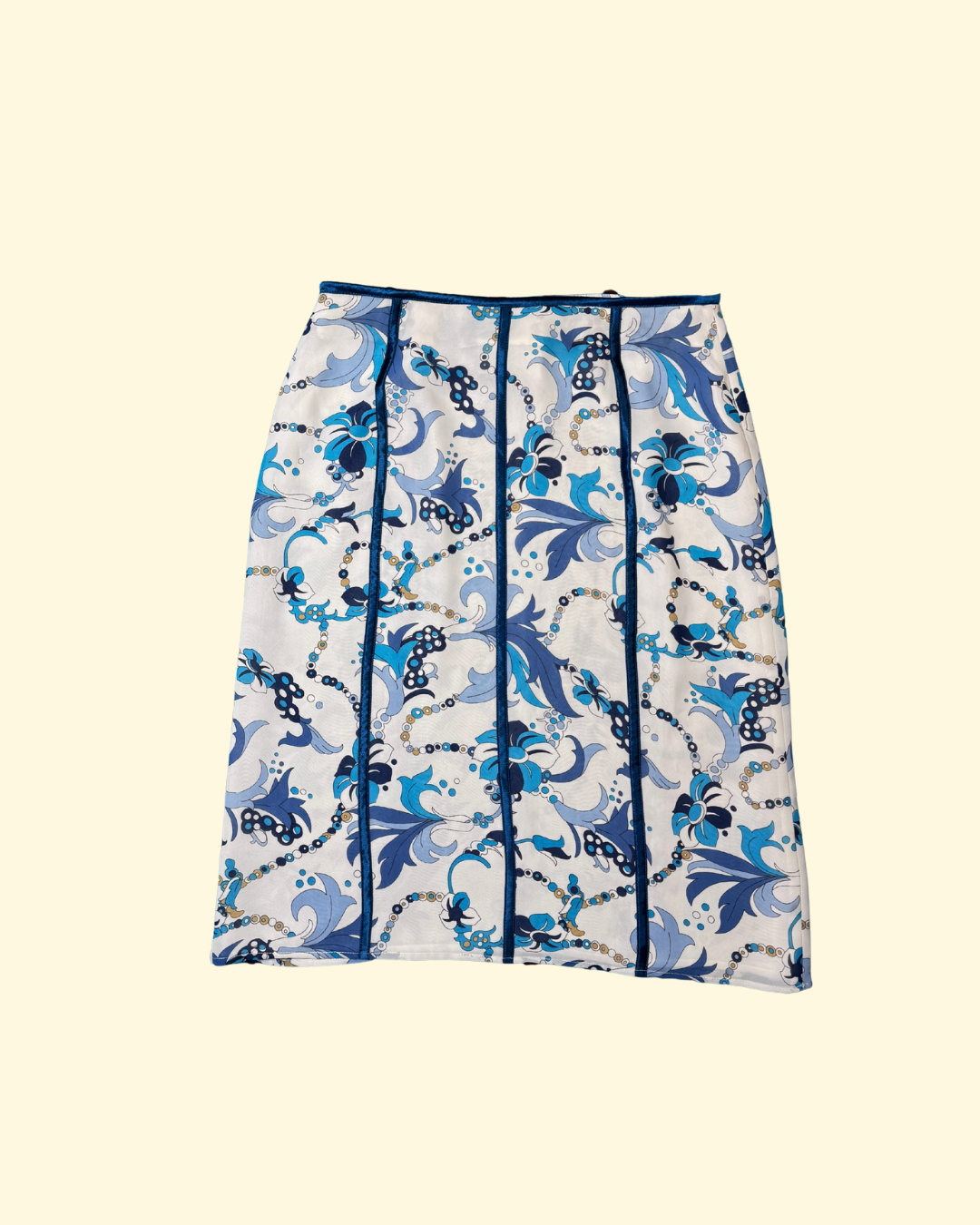 white & blue patterned midi skirt
