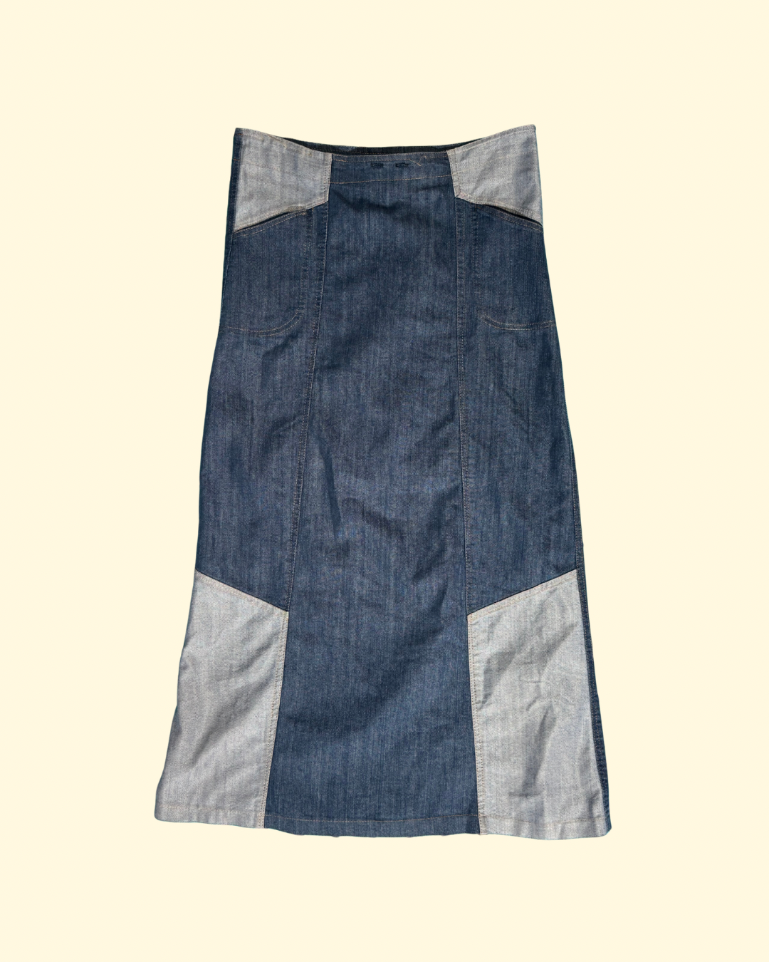 patchwork denim maxi skirt