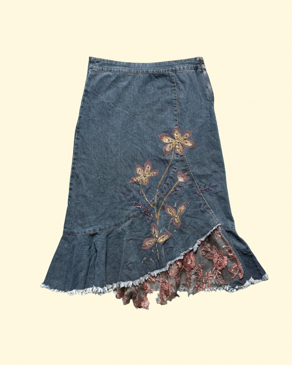 beaded denim midi skirt