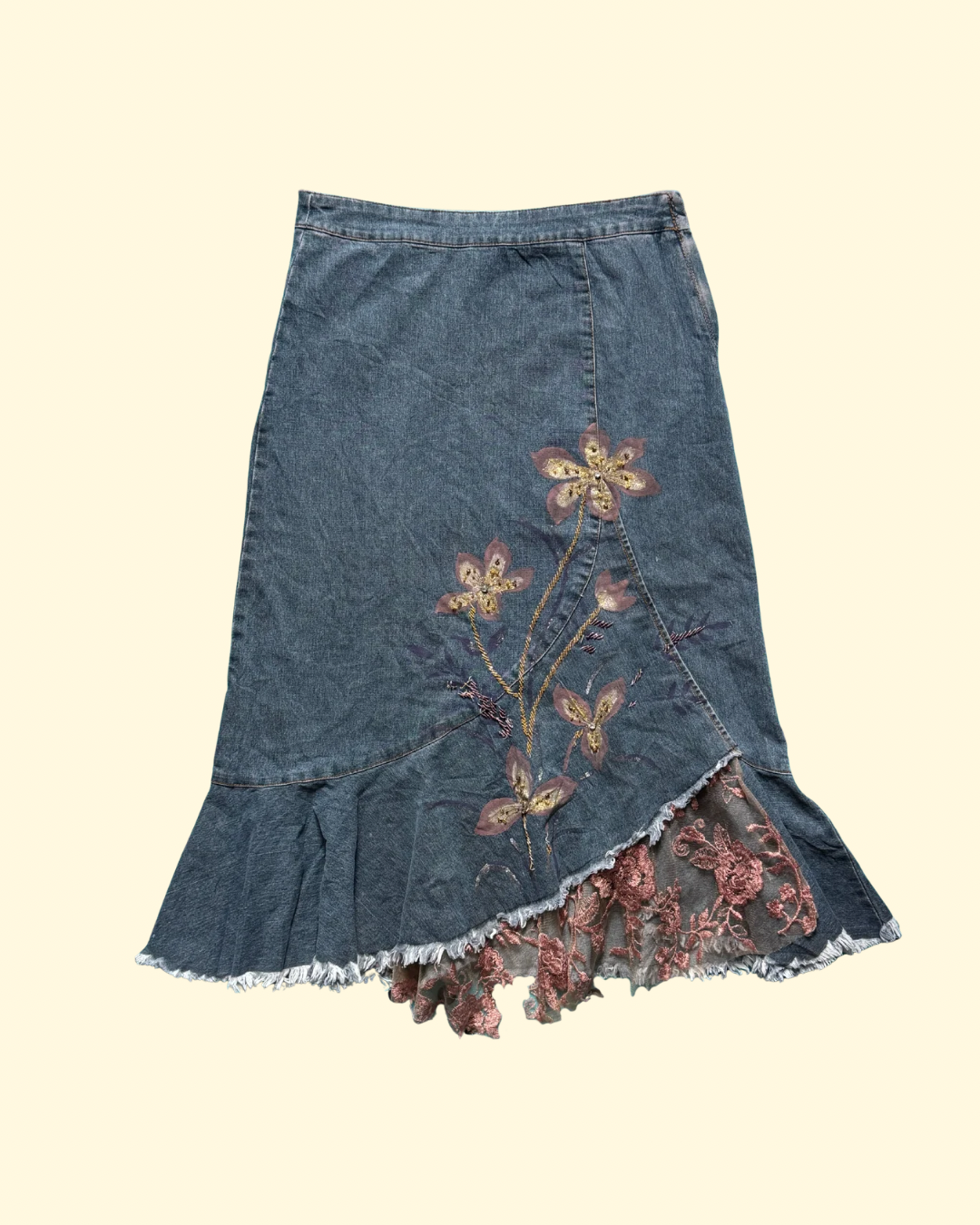 beaded denim midi skirt