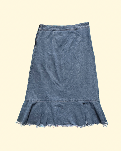 beaded denim midi skirt
