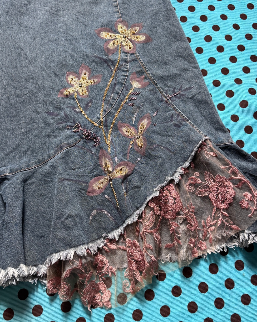 beaded denim midi skirt
