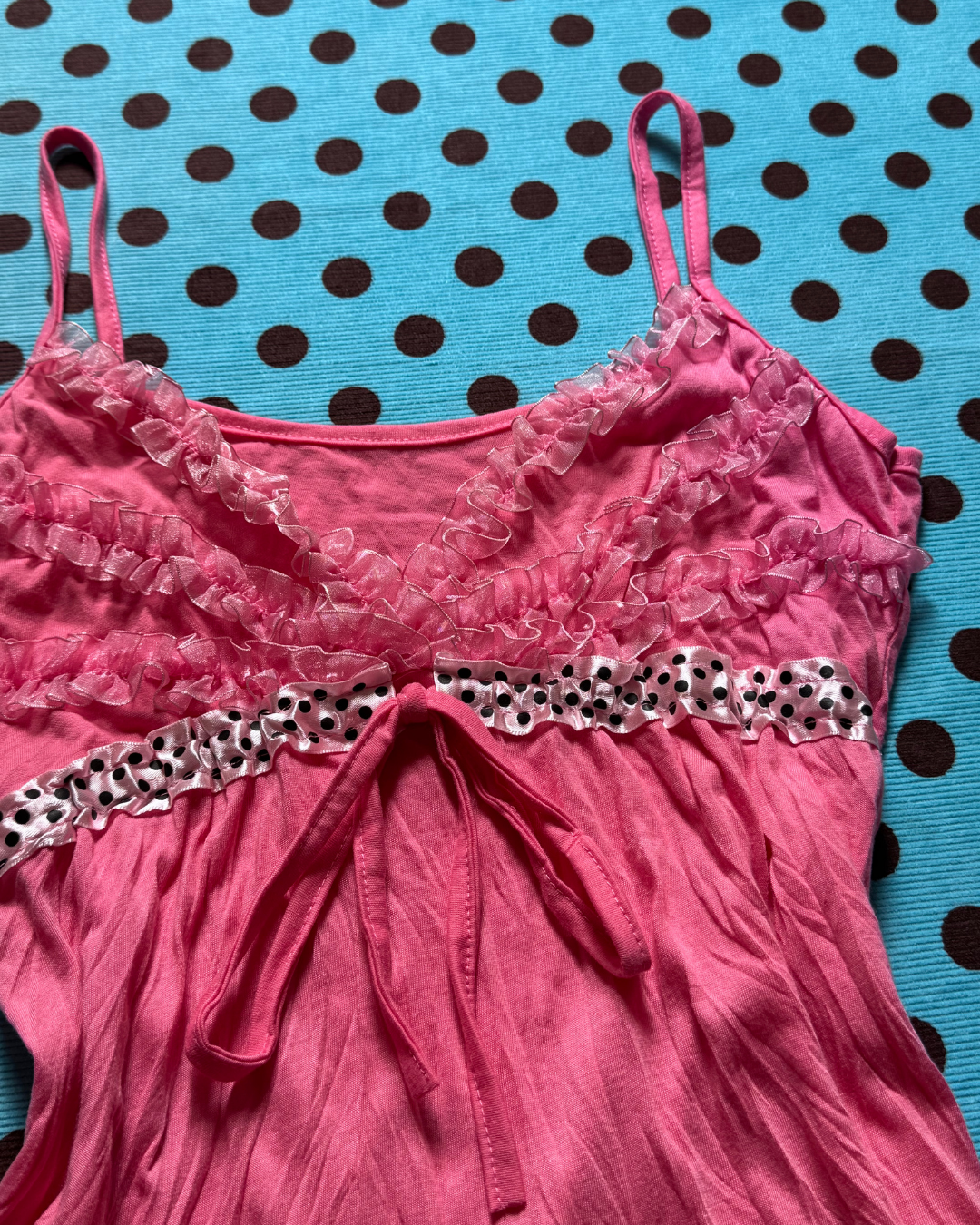 pink ruffled polka-dot cami