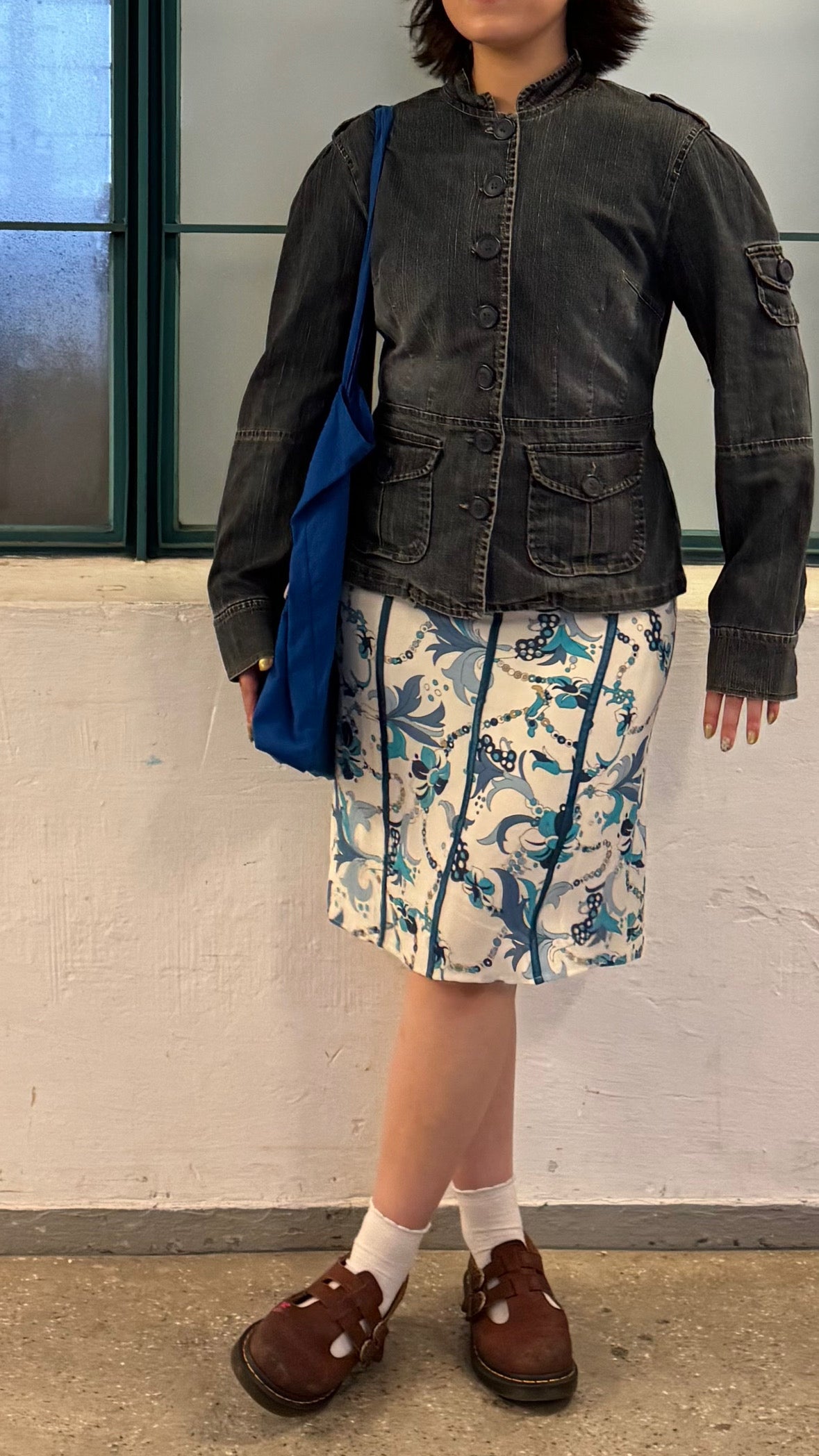 white & blue patterned midi skirt